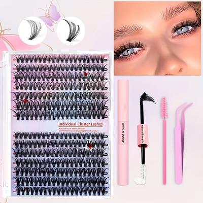 TEMU Diy Eyelash Extension Kit, 640pcs Individual Lashes, Extra Thick, D , Mixed Length 9-16mm, Wispy Manga Lashes Look, For Beginners And Reusable