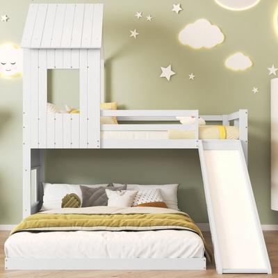 Etagenbett mit Rutsche, Hochbett, Kinderbett, mit Absturzsicherung, mit Fenster und Dach, mit Image
