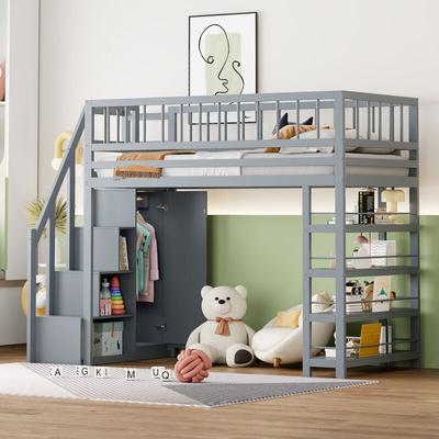 Hochbett 90 x 200, hoher Sicherheitszaun mit Kleiderschrank, Regalen und Stauraum mit Image