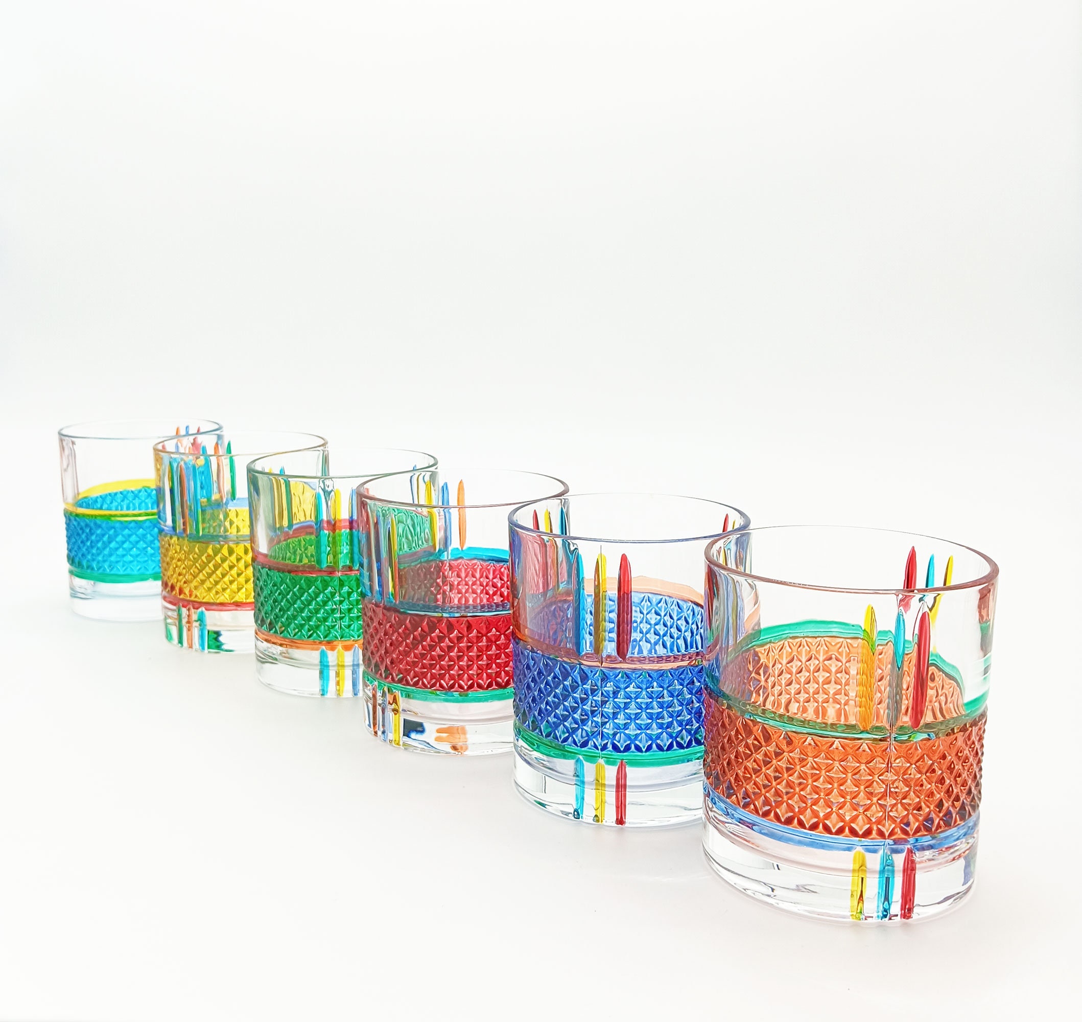 Set di 6 Tumbler Diamonds Multicolore - Cristallo Dipinto a Mano, Stile Veneziano