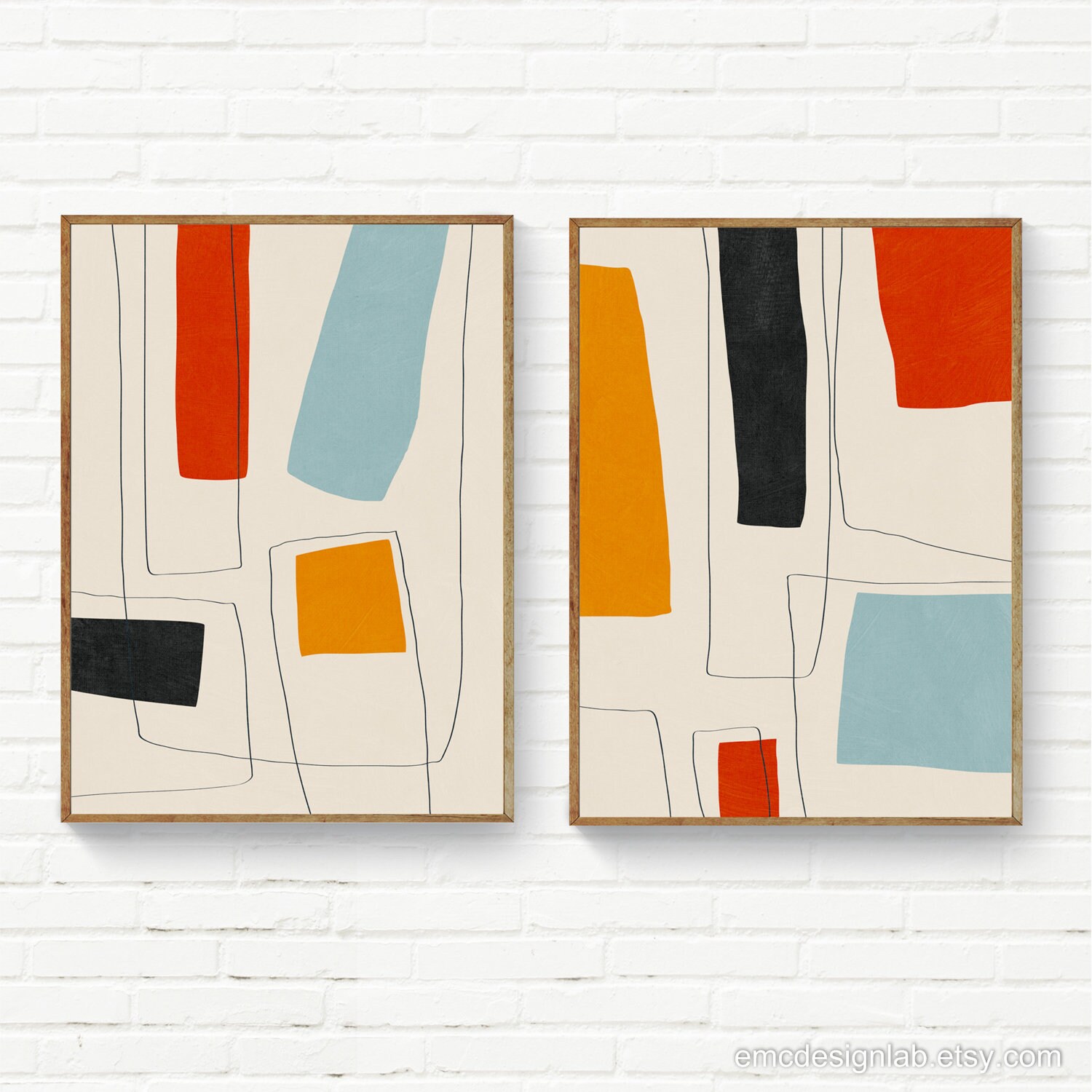 Set di 2 stampe moderne di metà secolo, set di 2 stampe minimaliste colorate, set di 2 stampe artistiche moderne da parete, set di stampe artistiche o