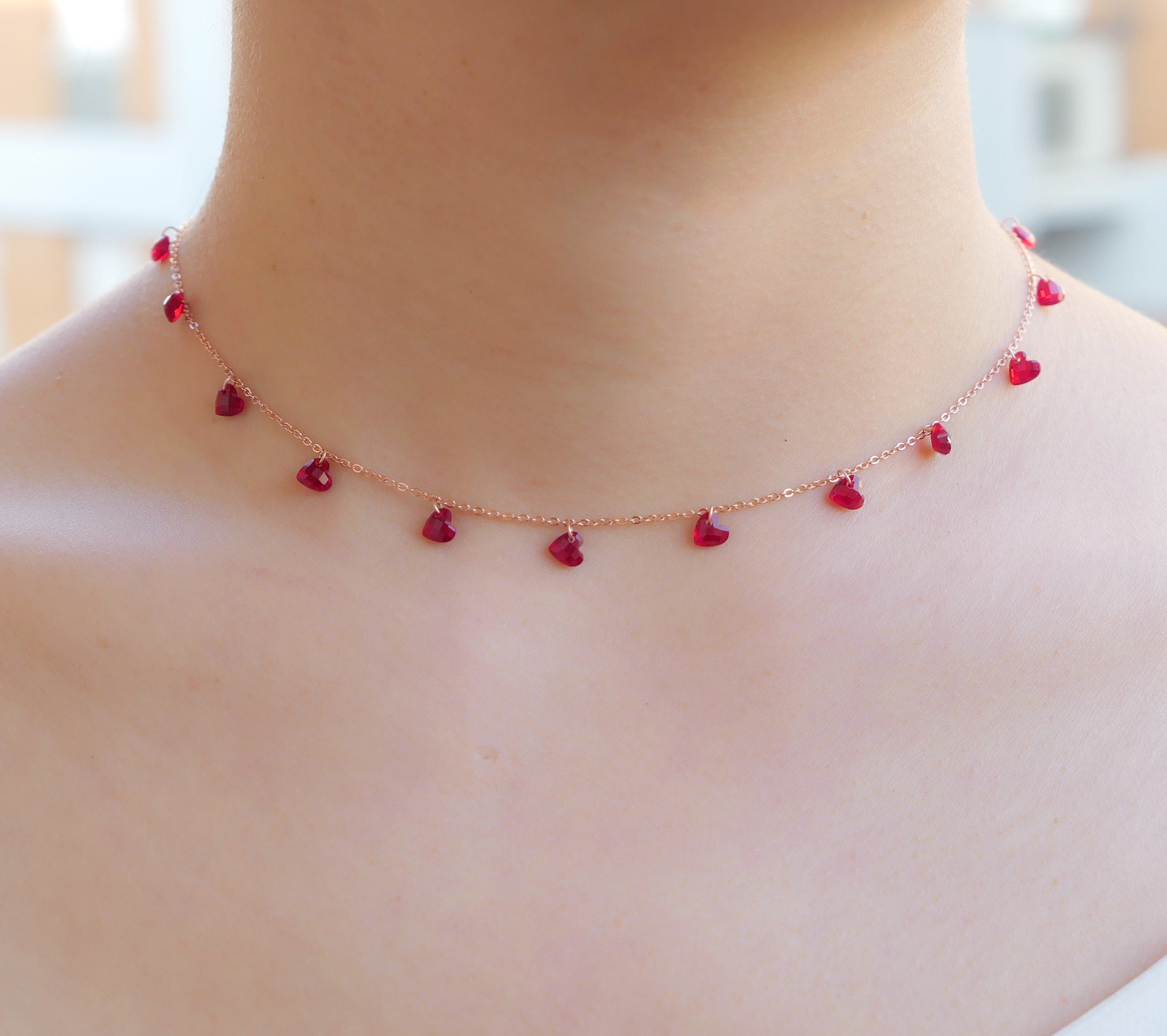 Collana cuore rosso, collana multi cuore rosso, collana girocollo cuore rosso oro rosa, collana multi-fascino Cz, regalo per la fidanzata