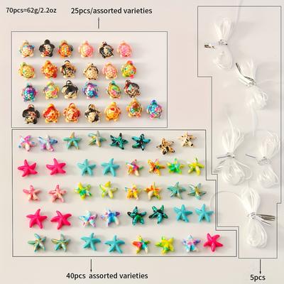 TEMU 70pcs Ocean Theme Diy Beading Charms Set - Assorted Sea , Starfish, Handmade Jewelry & Craft Supplies With 5 Rolls Of Cord For Making Bracelets, Necklaces, Anklets Image