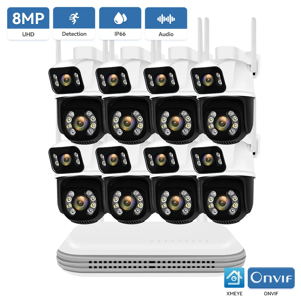 Kit telecamera WIFI PTZ da 8MP Telecamera IP PTZ a doppio obiettivo Smart Home Visione notturna ICSEE APP NVR Sistema di telecamere CCTV wireless esterno 8CH