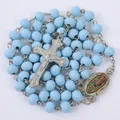 Collier chapelet bleu pour femmes et hommes, perles de prière en bois de 6MM, longue chaîne, pendentif croix religieuse de la vierge marie, bijoux cadeau de fête pour hommes