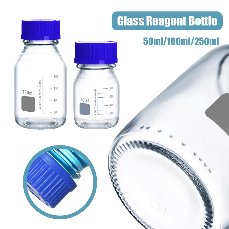 Bouteille de réactif ronde graduée en verre transparent à vis bleue, équipement de laboratoire médical et de chimie, 50ml/100ml/250ml