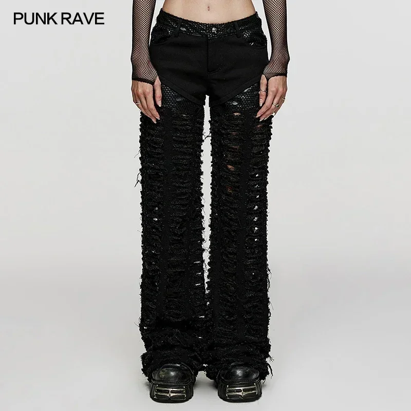 Punk Rave Frauen Punk dekadent Twill Mesh lose schwarze Hose schöne coole personal isierte zerrissene Streetwear Frauen Hosen
