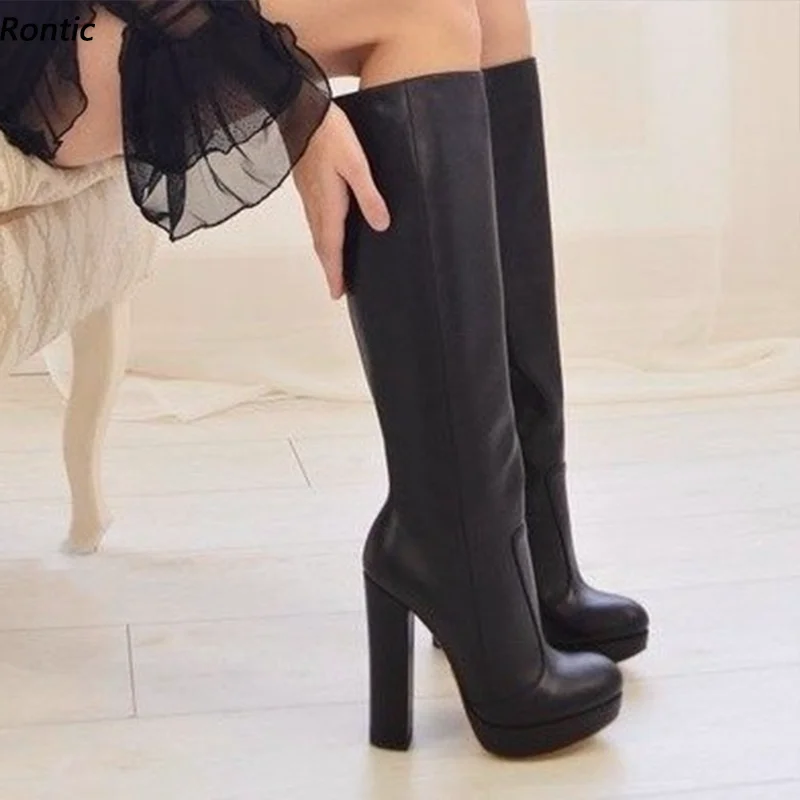 Rontic Frauen Winter Knie Stiefel Plattform Stiff Faux Leder Block Heels Runde Kappe Elegante Schwarz Party Schuhe Damen UNS Größe 5-20