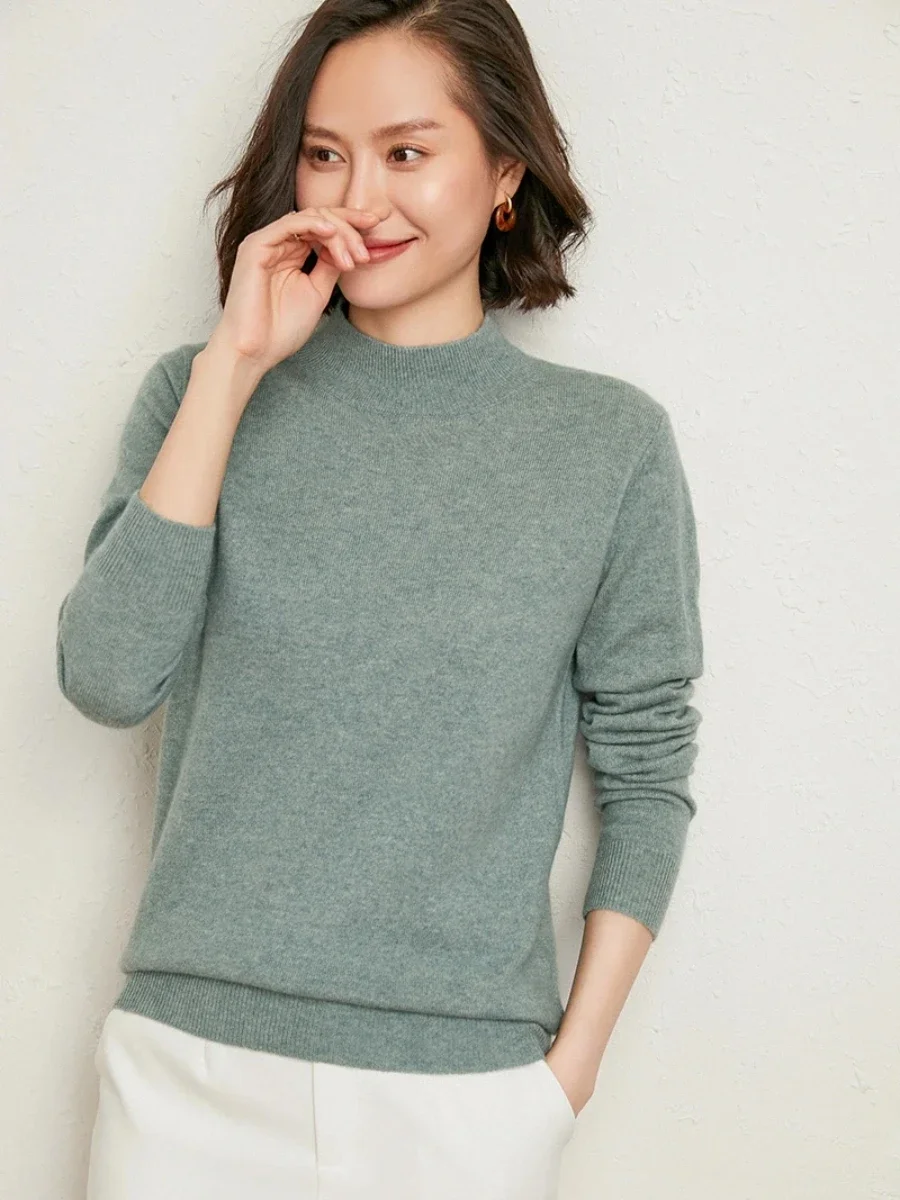 Casual Frühling Herbst Frauen Pullover 2025, Gestrickte Pullover, Stehkragen, Solide Kaschmir Stricken Grundlegende Casual Bodenbildung Shirts Top Jumper