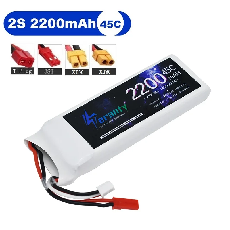 Teranty 7,4 v lipo batterie 2s 2200mah batterie für rc fpv flugzeug hubschrauber drohnen panzer modell rennwagen hobby jst xt60