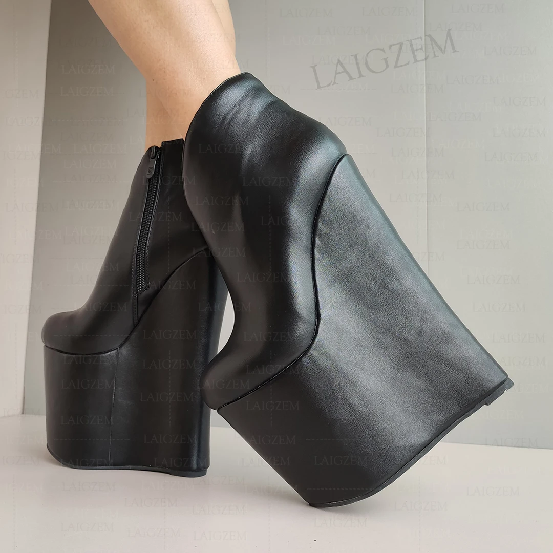 Laigzem Frauen Stiefeletten Plattform runde Zehen 20cm High Heels Seite Reiß verschluss Stiefel Höhe erhöhen Schuhe Frau große Größe 39 41 45 48