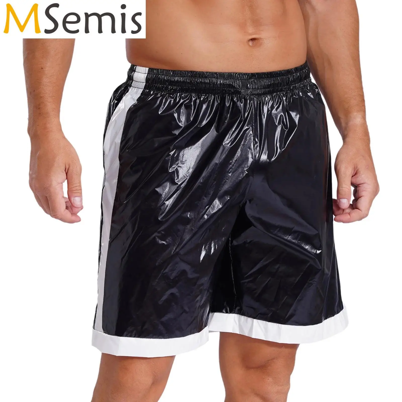 Herren Wet Look Boxershorts mit Kordel zug Bade bekleidung Badeanzug Wet Look Kontrastst reifen lose Boxershorts Lounge wear Image