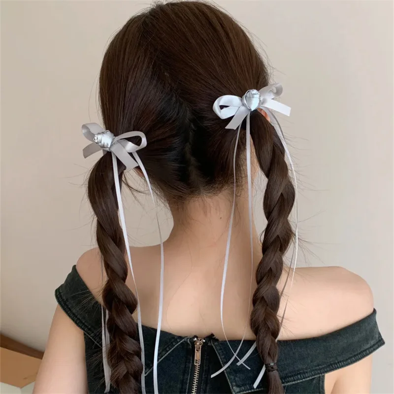 Haargummi für Damen, süßer Ballett-Stil, silberne Blumenschleife, Streamer-Haarspange, doppelte Pferdeschwanz-Kopfbedeckung, kleiner Clip, Haar-Accessoires Image