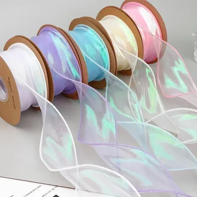 40mm 10Yards Fishtail Organza Ribbon Reflective Iridescent Wavy Edge Ribbon for Gift Wrapping DIY