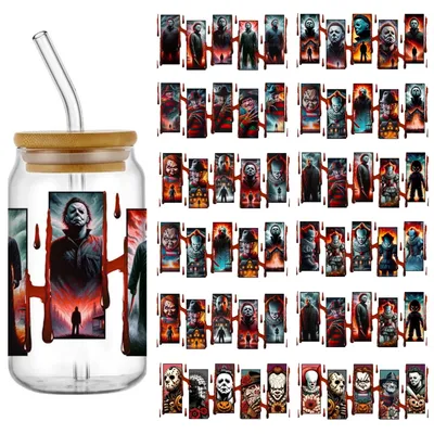 Miniso Halloween horror movie characters Transfer UV DTF Cup Wrap Sticker for 160z Libbey Glasses