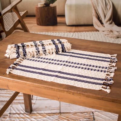 Splendid Contrast,'4 Ivory and Blue Handwoven Striped Fringed Cotton Placemats'