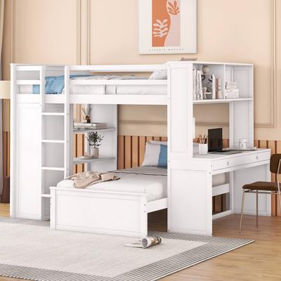 Twin/Full Loft Bed with Platform Down Bed, Shelves, Desk and Wardrobe, Wood Bunk Bed with Safety Guardrail for Kids Teens Adults