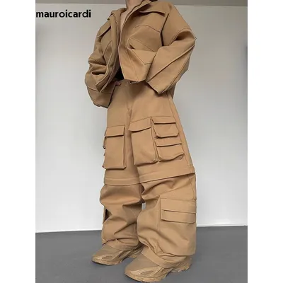 Mauroicardi Autumn Cool Khaki Wide Leg Cargo Pants for Mens Many Pockets Streetwear Clothing Fashion Loose Casual Trousers 2024