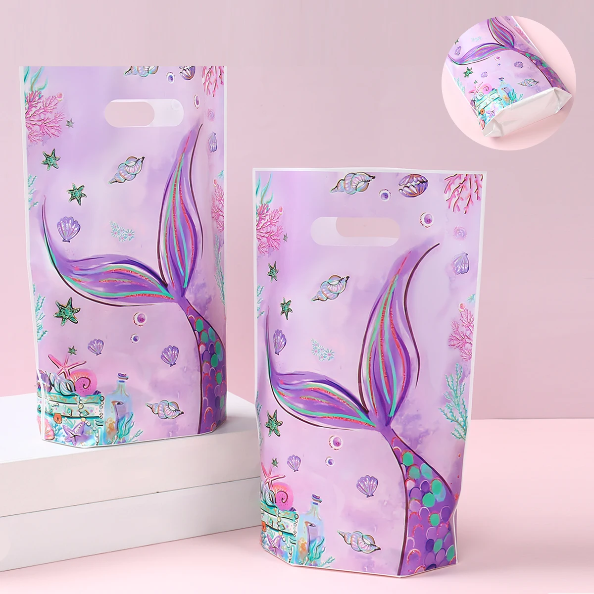 Meerjungfrau-Einkaufstasche unter dem Meer-Thema, kleine Meerjungfrau, alles Gute zum Geburtstag, Partydekoration, Mädchen, Süßigkeiten, Kekse, Handtasche, Babyparty Image