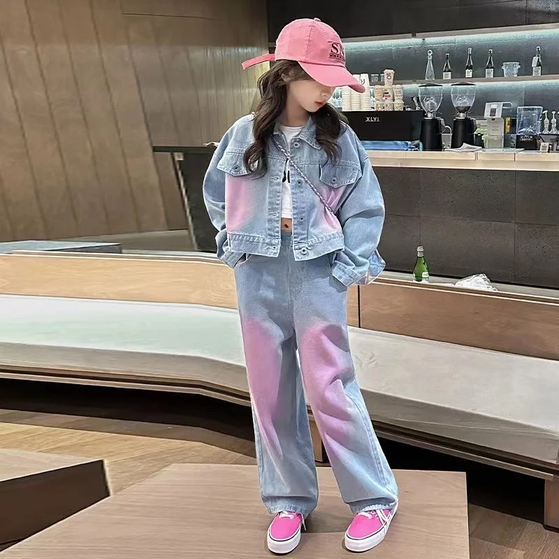 5-14y Mädchen Frühling Herbst Set 120 neue Mode große Kinder Frühling tragen Dopamin-Spray Farbe Denim zweiteiligen Trend 170-cm Image