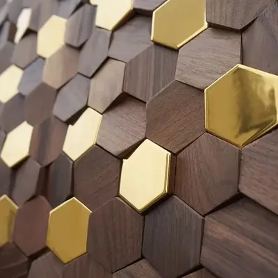 Sechseckige 3D-Wandkunst aus Holz für Teehaus, schwarzes Walnussholz, Metallmosaik, Fliesen, TV-Hintergrund, Innenkunst, Wanddekoration, Wandaufkleber Image
