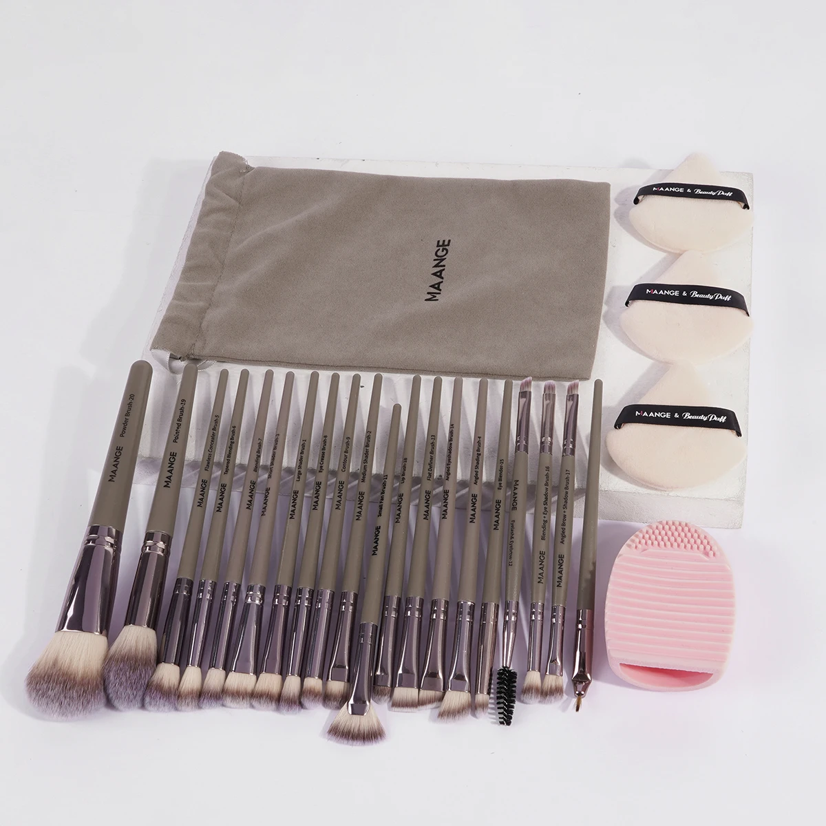 MAANGE 25-teiliges professionelles Make-up-Werkzeug-Set, 20-teiliges Make-up-Pinsel, Samt-Aufbewahrungstasche, 3-teiliges dreieckiges Puderquasten-Pinsel-Reinigungsei Image
