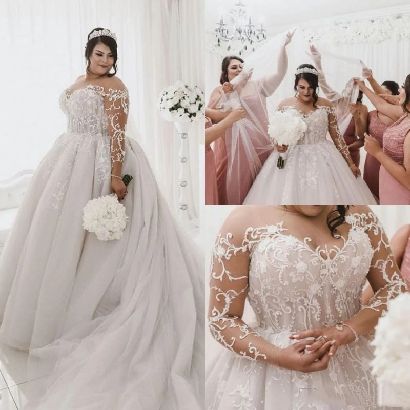 Plus Größe EINE Linie Brautkleider Weiß Für Frauen Big vestido de novia Lange Ärmel Tüll Applizierte Spitze Perlen Perlen gericht Zug