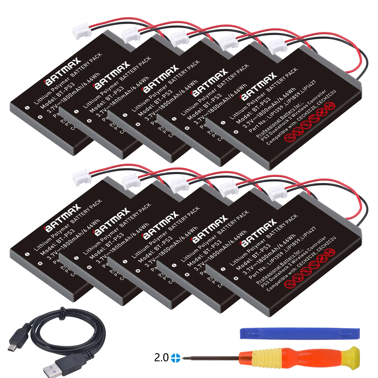 10 Stück Batmax 1800 mAh PS3 Gamepad CECHZC2E, CECHZC2U LIP1472 LIP1859 Akku Akkus für Sony PS3 PlayStation3 Wireless Controller