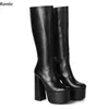 Rontic Frauen Plattform Knie Stiefel Faux Leder Seite Zipper Chunky Heels Runde Kappe Elegante Schwarz Party Schuhe UNS Größe 5-15