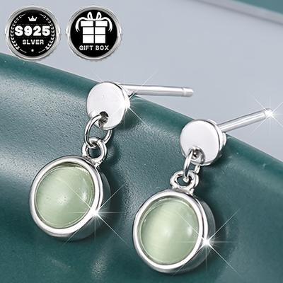 TEMU 2pc925 Pure Silvery, Total Weight About 1.3g, Green Jade Round Earrings, Low-allergy, Simple And Fresh Commuter Earrings For Women, Exquisite Holiday Gift Image