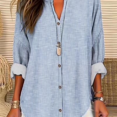 TEMU Plus Size Women's Casual Long Sleeve Striped Button-up Shirt - Loose Fit V-neck Blouse With Stripes, Machine Washable Spring/fall Top Image