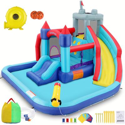 TEMU Inflatable Bounce House Water Slides For Kids With Blower, House Water Park For Kids Backyard, Waterslide Splash Pool, Water , Climbing Wall, Bounce Water Slide For Wet And Dry