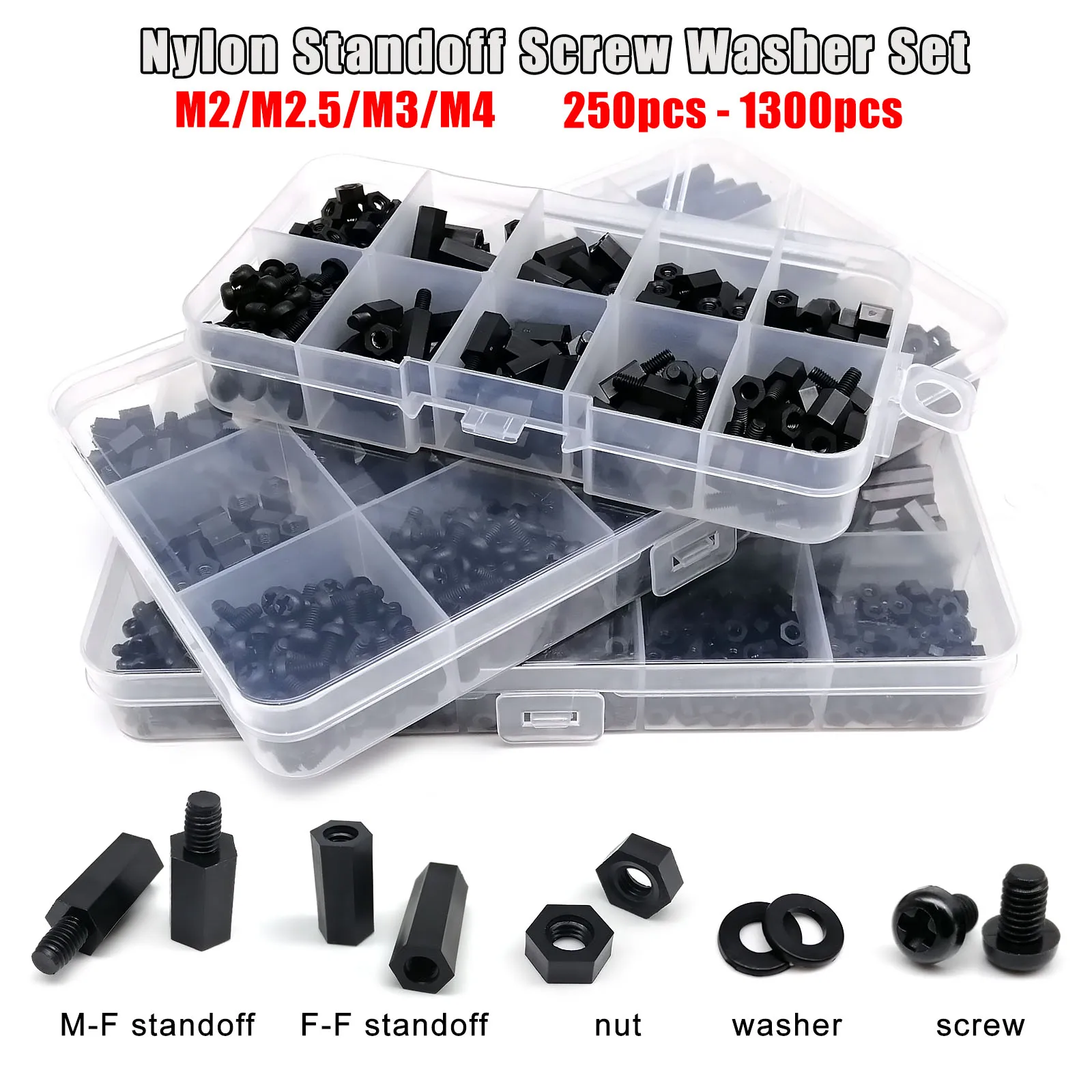 445/1300 pz M2 M2.5 M3 M4 Nero di Plastica Nylon Isolato Esagonale Standoff Esagonale Pilastro Spacer Colonna Vite Dado Assortimento Kit Set