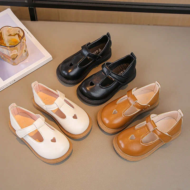 Mädchen Prinzessin Lederschuhe Kleinkinder Baby Kinder Wohnungen T-Strap Ausschnitte mit Herz hohl niedlich süß weich 2024 Frühling Herbst neu Image