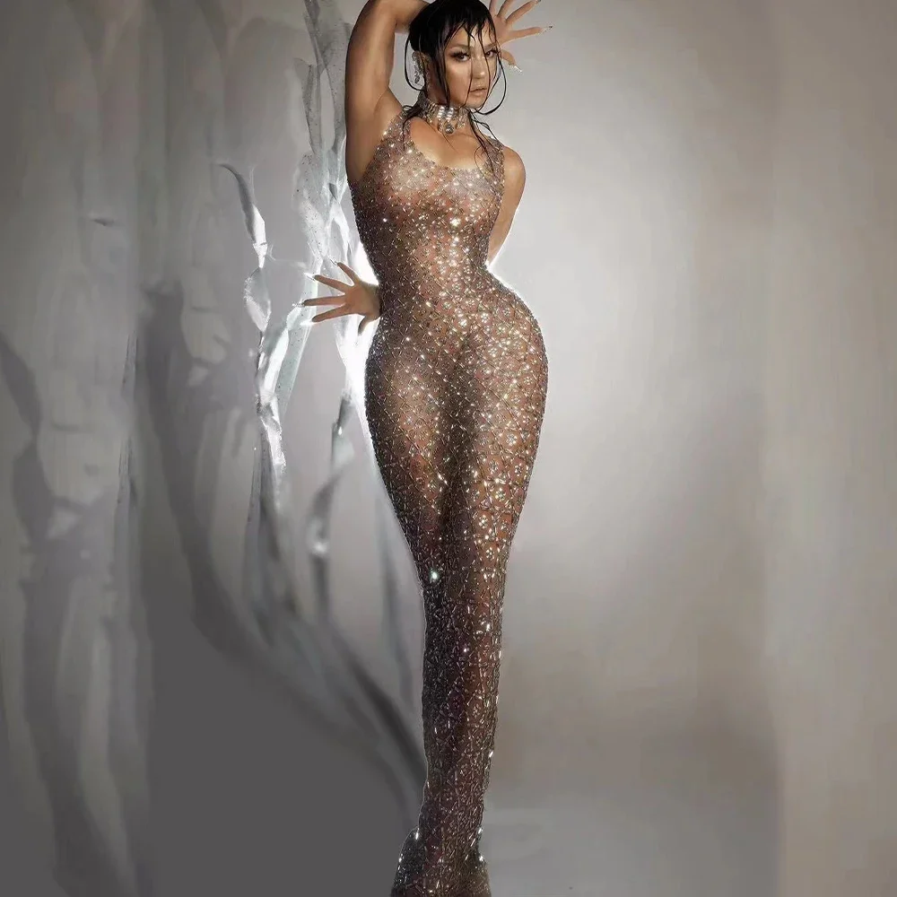 Geburtstag feiern Abend Stretch Kostüm sexy Stage Dance Performance Kleid Silber Strass braun transparent Mesh Kleid