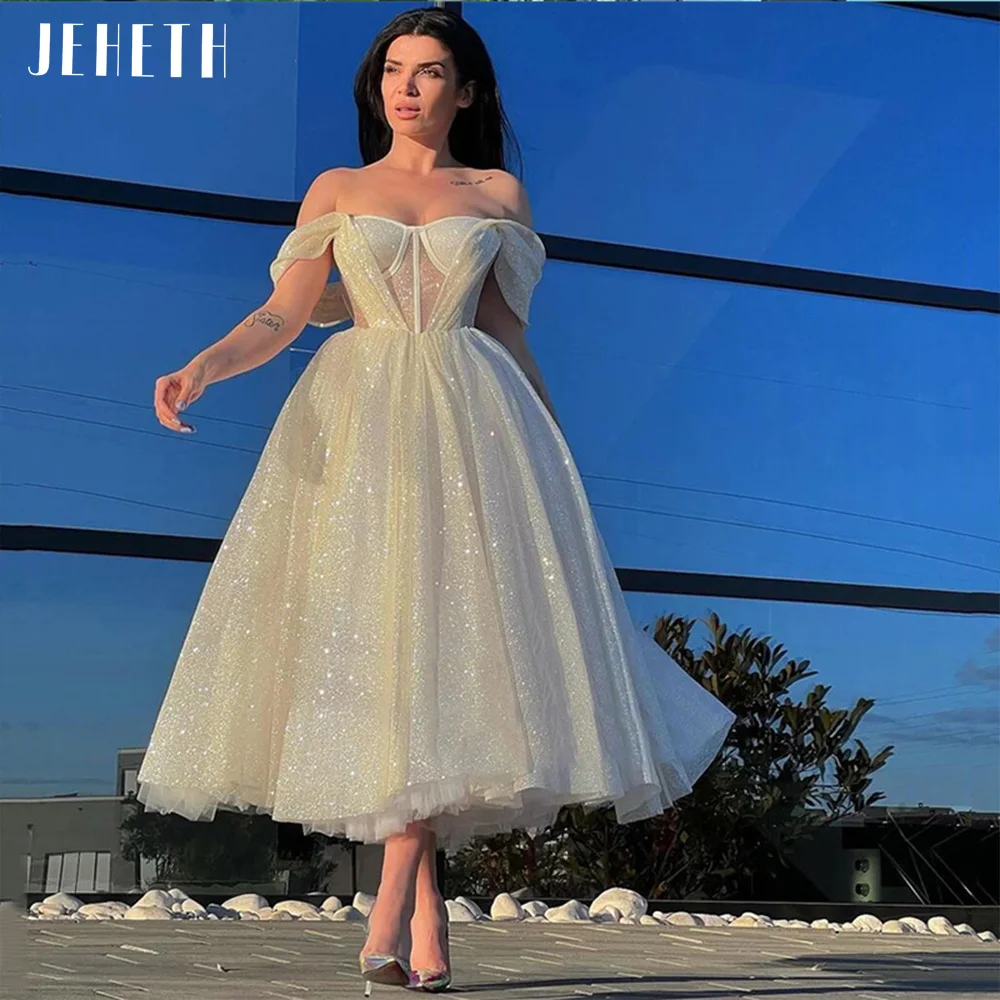 Jeheth elegante schulter freie Glitzer Tüll Abschluss ball Party kleid Schatz eine Linie Vestidos de Graduación Knöchel länge angepasstJEHETH Elegant Off Shoulder Glitter Tüll Prom Party Kleid Image