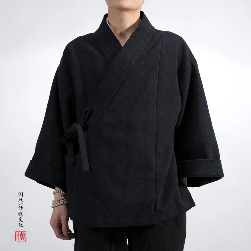 Männer Chinesischen Stil Leinen Jacke Hanfu Männer Kostüm Anzug Lose Baumwolle Leinen Retro Stil Tang-anzug Robe Männlichen Kung Fu Strickjacke Image