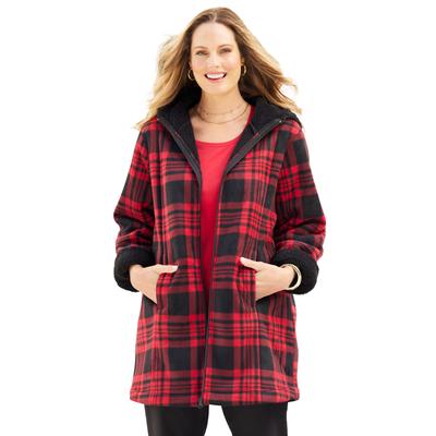 Plus Size Women's Long Fleece Coat with Sherpa Lining by Catherines in Classic Red Plaid (Size 2X)