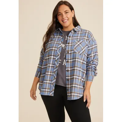 Maurices Plus Size Women's Plaid Game Day Graphic Back Oversized Button Down Shirt Blue Size 4X