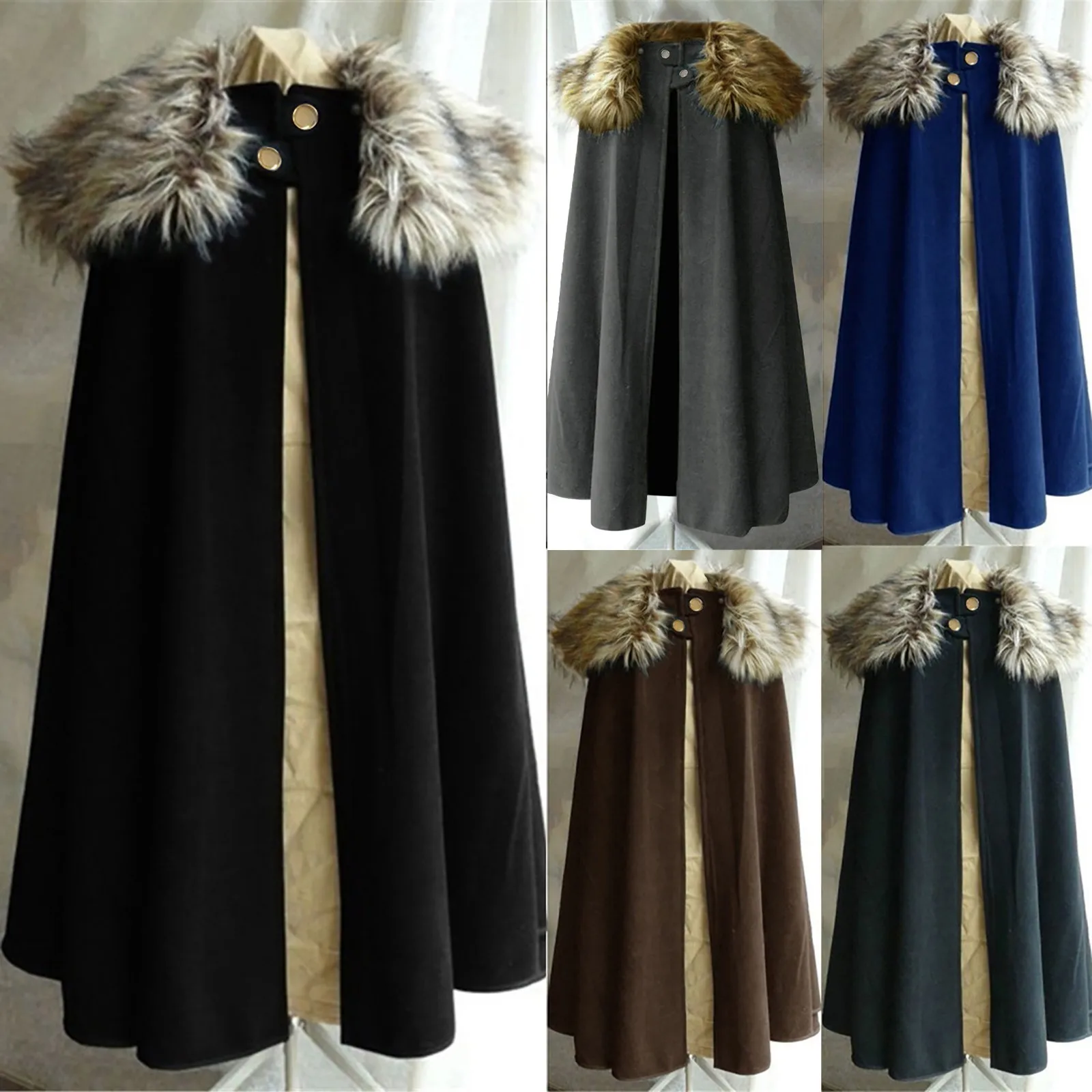 2024 Mantello invernale medievale da uomo Colletto spesso Larp Vicking Cavaliere Cosplay Mantello Cappotto Gotico Donna Mantello retrò Costume di Halloween