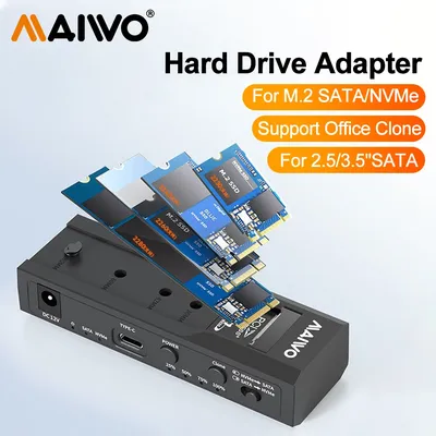 MAIWO Dual Bay M2 SSD Enclosure NVMe NGFF 10Gbps PCIe M.2 SSD Case 2.5"/3.5" External Storage HDD Case with Office Clone for PC