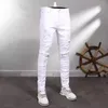 Street Fashion Männer Jeans weiß elastisch Stretch Skinny Fit zerrissene Jeans Männer Reiß verschluss Designer Perlen Patch Hip Hop Jeans hose