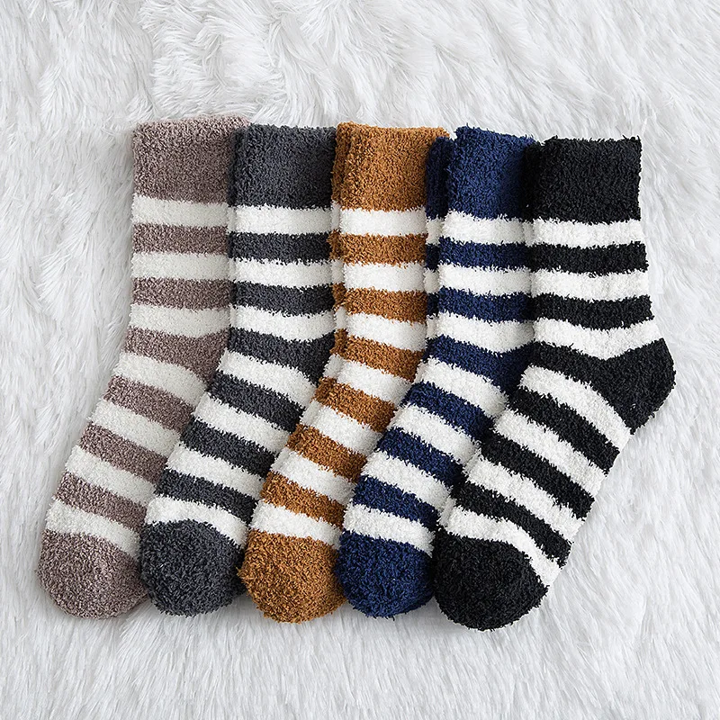 Männer Weiche Gestreifte Socken Mann Flauschigen Dicken Korallen Samt Socken Männlichen Winter Warme Mode Boden Terry Handtuch Fuzzy Socke Herren Meias Soks Image