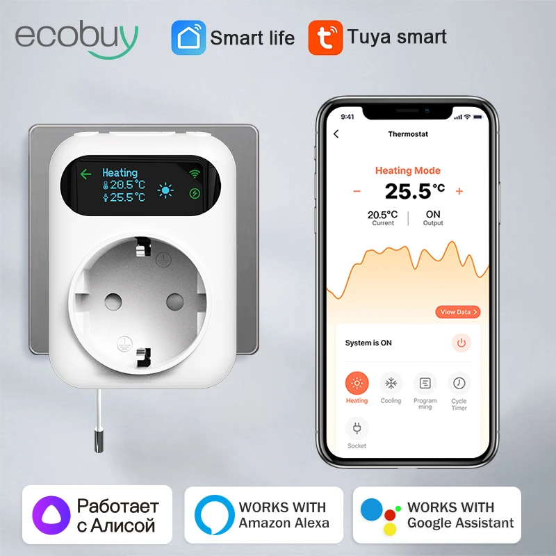WiFi Tuya Smart Steckdose Thermostat Steckdose Stecker Wireless Smart Temperatur Controller Timer Schalter Kühlung Heizung Alexa Google Image