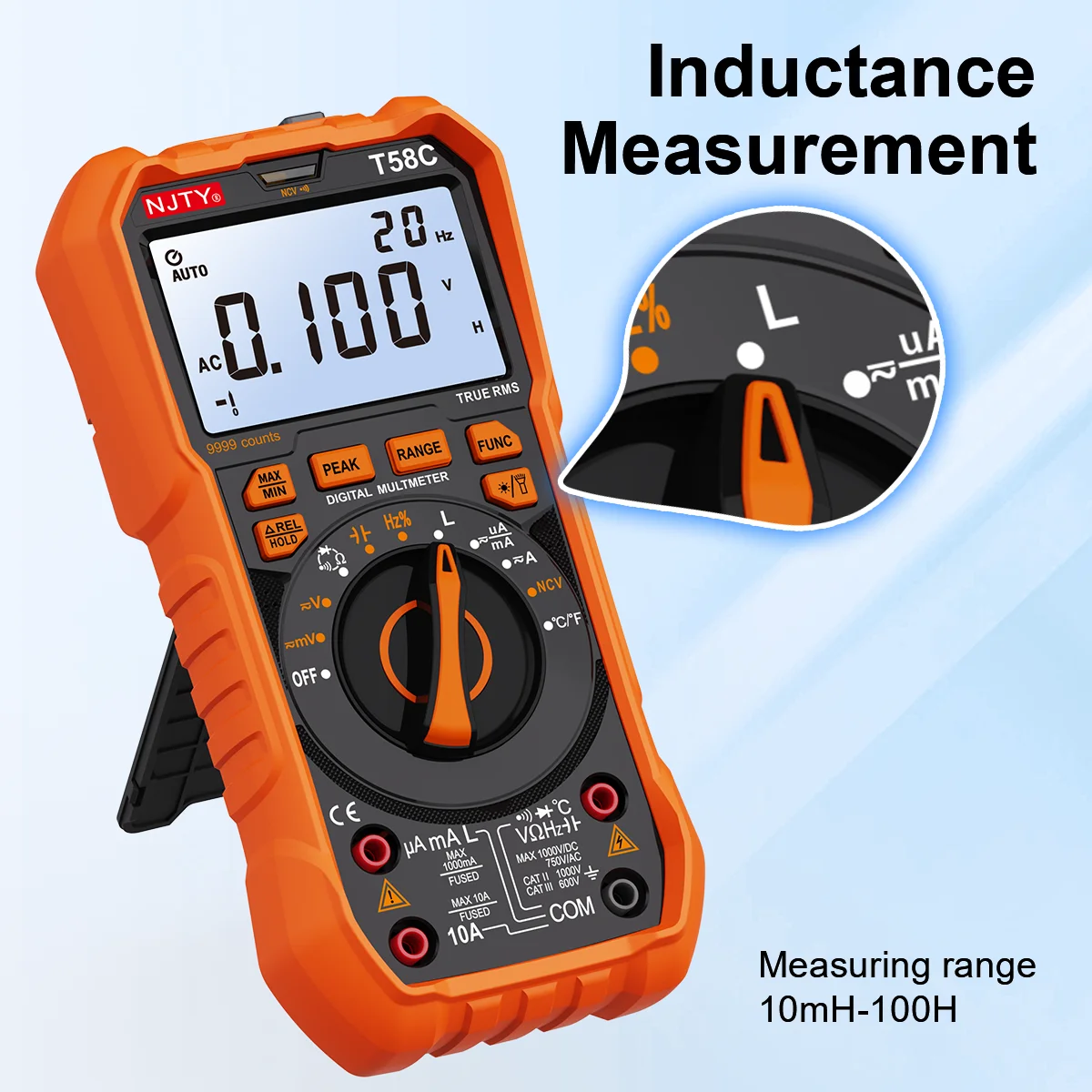 NJTY T58B T58C Induktivitäts-Digitalmultimeter, automatischer Bereich 9999 Zählungen, Spannung, Strom, Kapazität, LED, intelligente Hintergrundbeleuchtung, großer Bildschirm