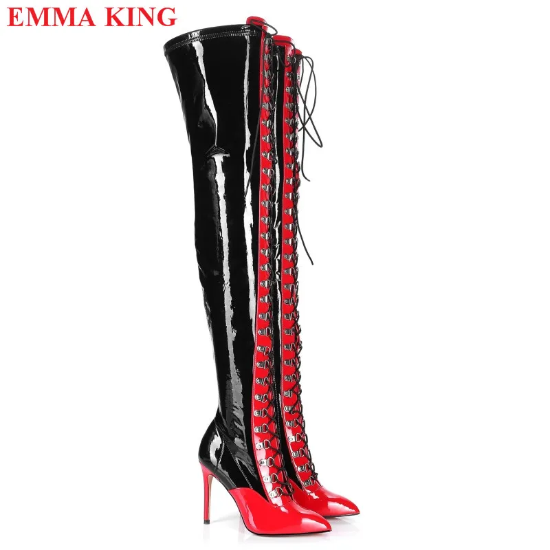 Winter Rot Schwarz Glänzendes Leder Über Knie Stiefel Frauen Lace Up Stiletto Party Oberschenkel Hohe Stiefel Mode High Heel Streifen Schuhe Frau