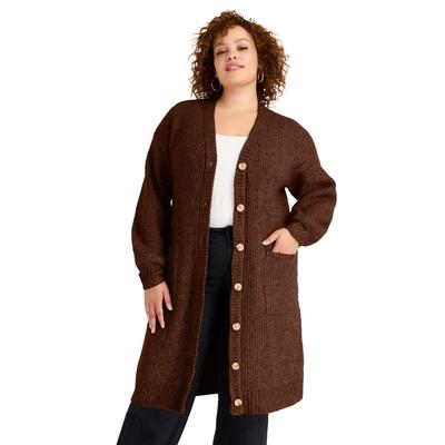 Plus Size Women's Midi-Length Button-Down Cardigan by June+Vie in Cocoa (Size 30/32)
