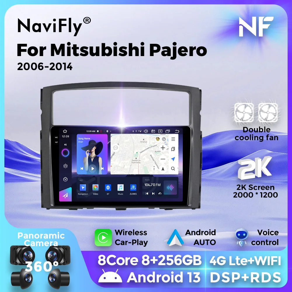 Navifly 2din dvd qled 2k bildschirm für mitsubishi pajero 2013-2018 carplay android auto player auto stereo audio multimedia gps navi