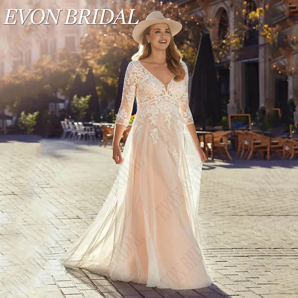 Evon Braut V-Ausschnitt plus Größe Brautkleider für Frau rücken frei Ärmel Applikation A-Linie Tüll Spitze Vestidos de NoviaEVON BRIDAL V-Ausschnitt Plus Größe Brautkleider Für Frau Rückenlos 3/4