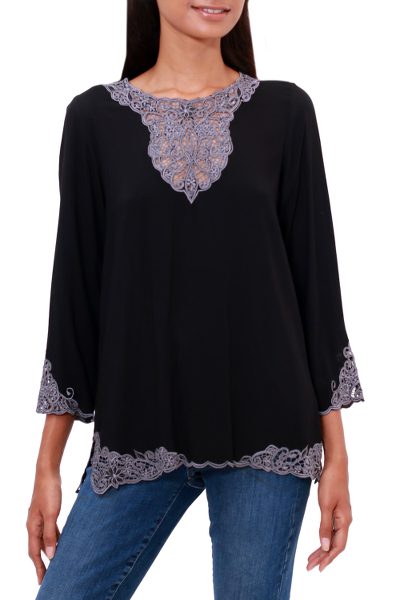 Kayangan in Black,'Ebony and Smoke Embroidered Rayon Tunic from Bali'